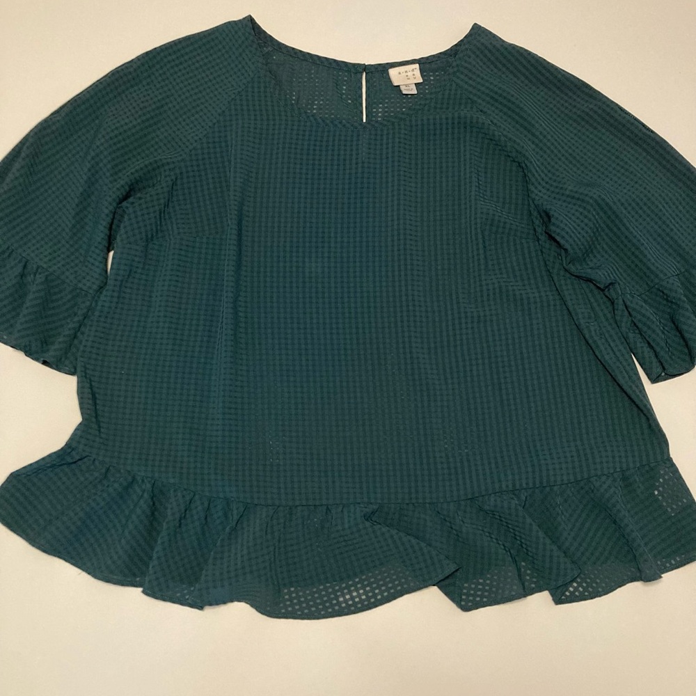a new day Teal Blouse with Ruffle Detail, semi sheer, ruffled hem, size XL